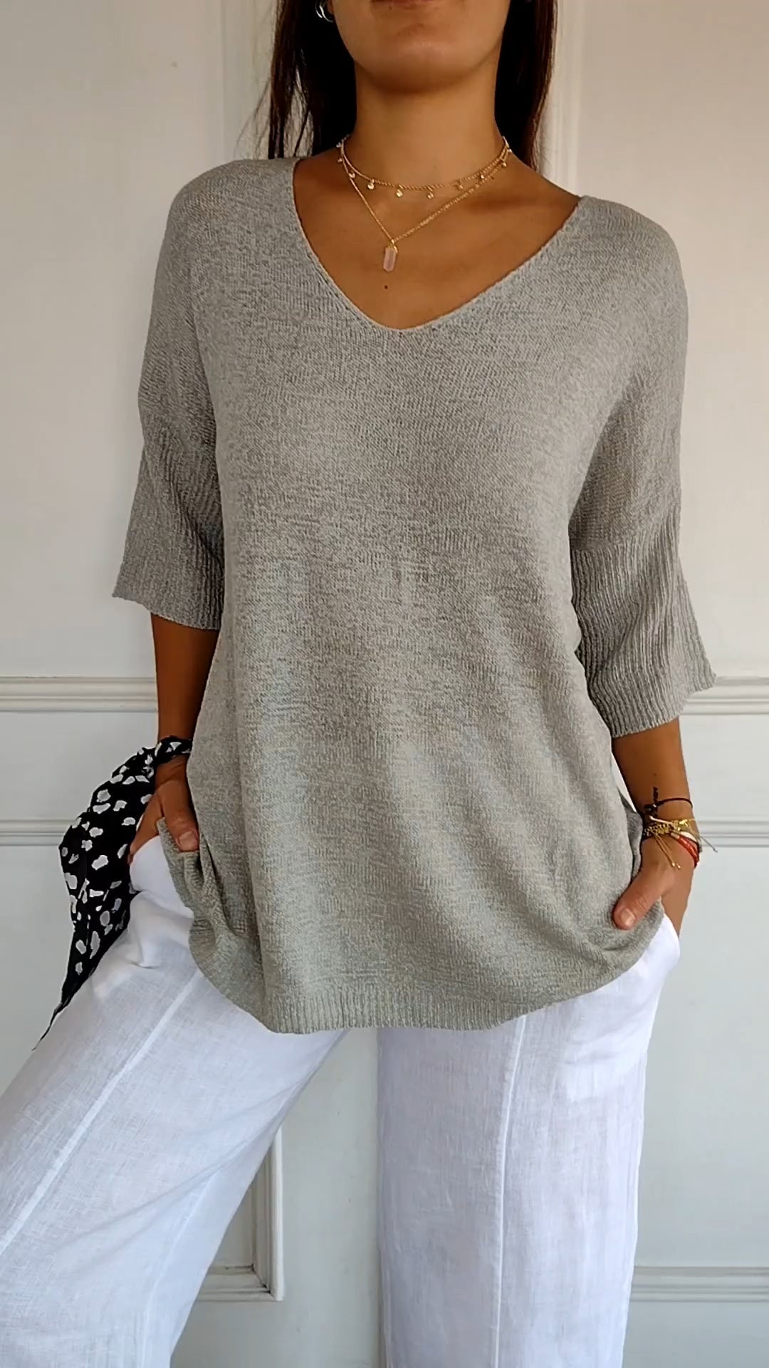 "AuraLuxe V-Neck Knit Top"